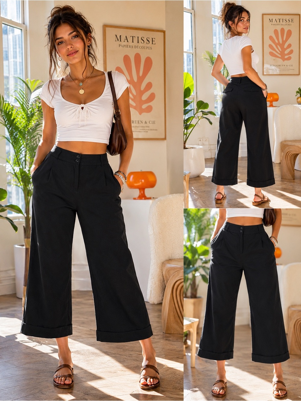 Michael Kors Black Cropped Wide Leg Dress Pants Cuffed Hem Size 10